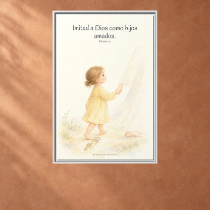 Imitad a Dios como hijos amados — Lienzo Cristiano Enmarcado | Efesios 5:1 — 24×36 pulgadas, marco blanco, vista frontal ambiental, escala física calibrada