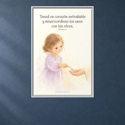 Tened un corazón entrañable — Lienzo Cristiano Enmarcado | Efesios 4:32 — 24×36 pulgadas, marco blanco, vista frontal ambiental, escala física calibrada
