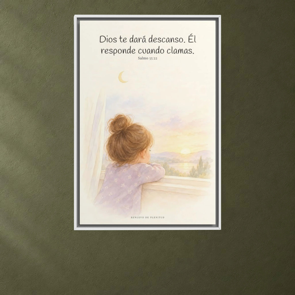 Dios te dará descanso | Cuadro cristiano enmarcado | Salmo 55:22 — 24×36 pulgadas, marco blanco, vista frontal ambiental, escala física calibrada