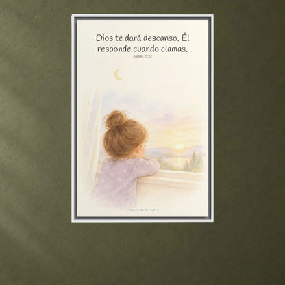 Dios te dará descanso | Cuadro cristiano enmarcado | Salmo 55:22 — 24×36 pulgadas, marco blanco, vista frontal ambiental, escala física calibrada