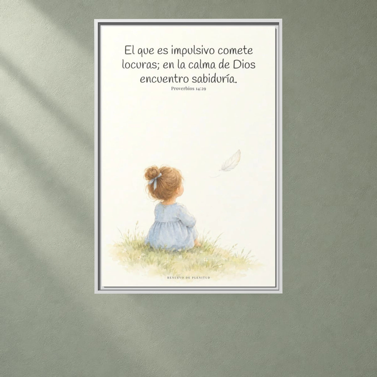 La prisa del corazón no agrada a Dios | Decoración cristiana enmarcada | Proverbios 14:29 — 24×36 pulgadas, marco blanco, vista frontal ambiental, escala física calibrada