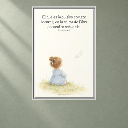 La prisa del corazón no agrada a Dios | Decoración cristiana enmarcada | Proverbios 14:29 — 24×36 pulgadas, marco blanco, vista frontal ambiental, escala física calibrada