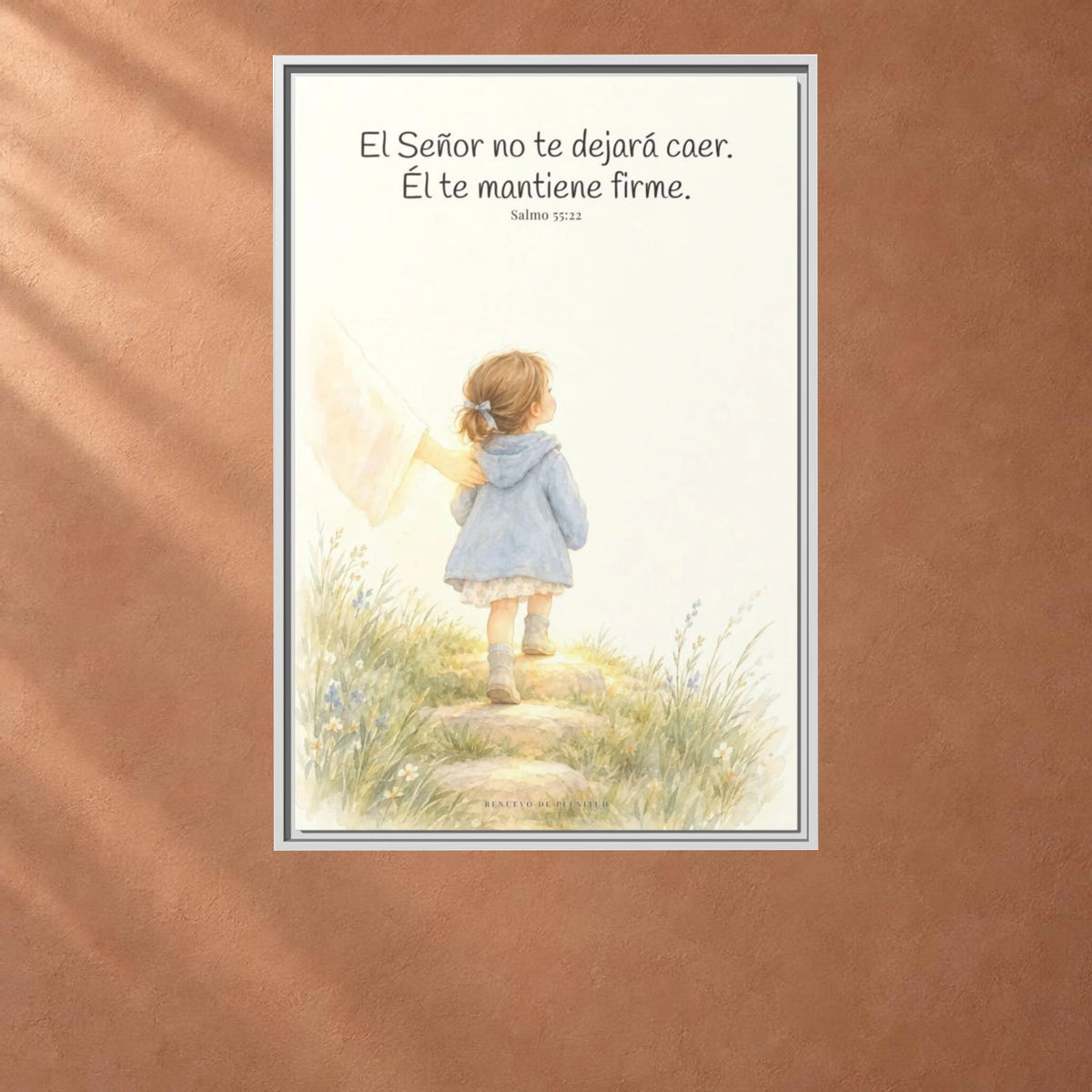El Señor no te dejará caer — Lienzo Cristiano Enmarcado | Salmo 55:22 — 24×36 pulgadas, marco blanco, vista frontal ambiental, escala física calibrada