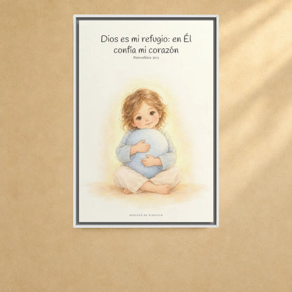 En Dios encuentro mi refugio | Cuadro bíblico para el hogar | Proverbios 30:5 — 24×36 pulgadas, marco blanco, vista frontal ambiental, escala física calibrada