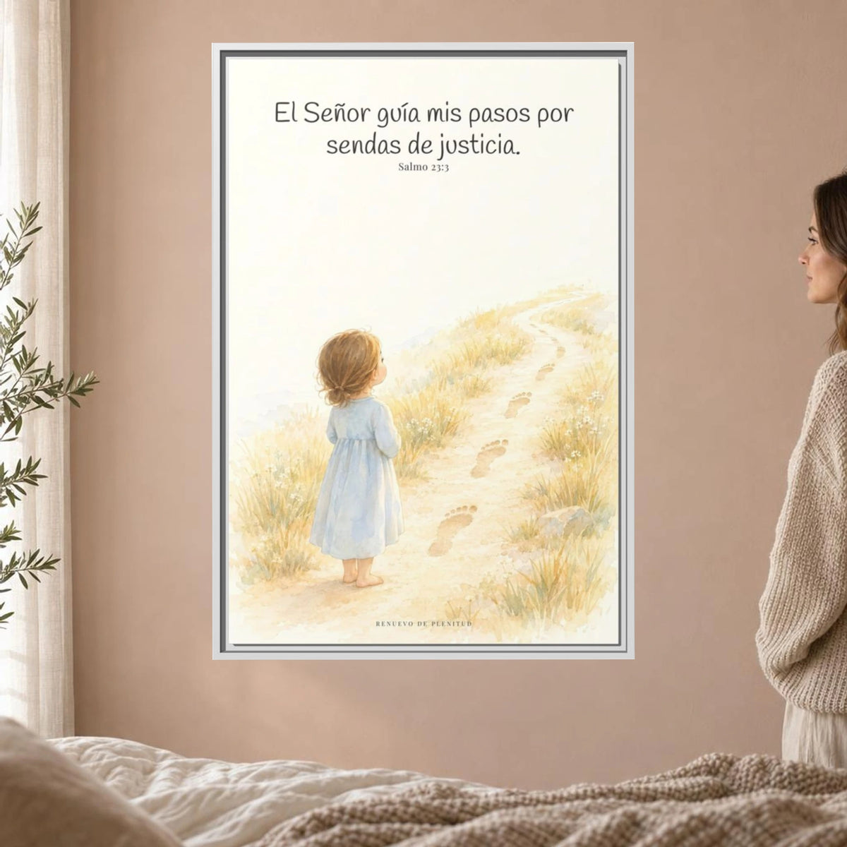 El Señor guía mis pasos — Lienzo Cristiano Enmarcado | Salmo 23:3 — 24×36 pulgadas, marco blanco, vista frontal ambiental, escala física calibrada