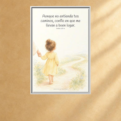 Confía en Dios cuando no entiendas el camino — Lienzo Cristiano Enmarcado | Isaías 55:8-9 — 24×36 pulgadas, marco blanco, vista frontal ambiental, escala física calibrada
