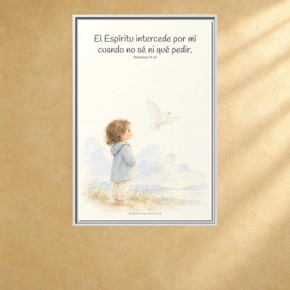 El Espíritu ora por mí cuando no tengo palabras — Lienzo Cristiano Enmarcado | Romanos 8:26 — 24×36 pulgadas, marco blanco, vista frontal ambiental, escala física calibrada