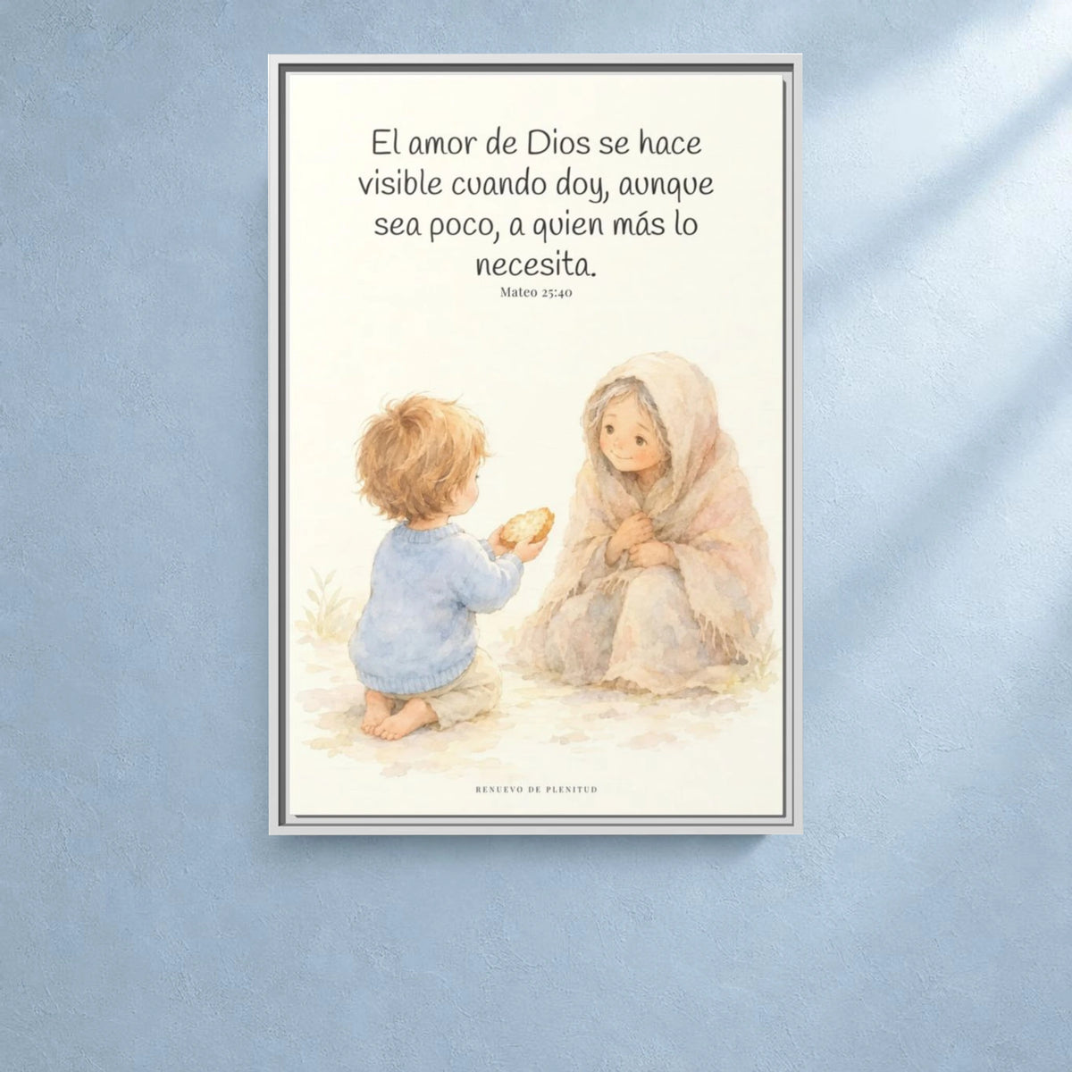 El amor de Dios se da en cosas pequeñas — Lienzo Cristiano Enmarcado | Mateo 25:40 — 24×36 pulgadas, marco blanco, vista frontal ambiental, escala física calibrada