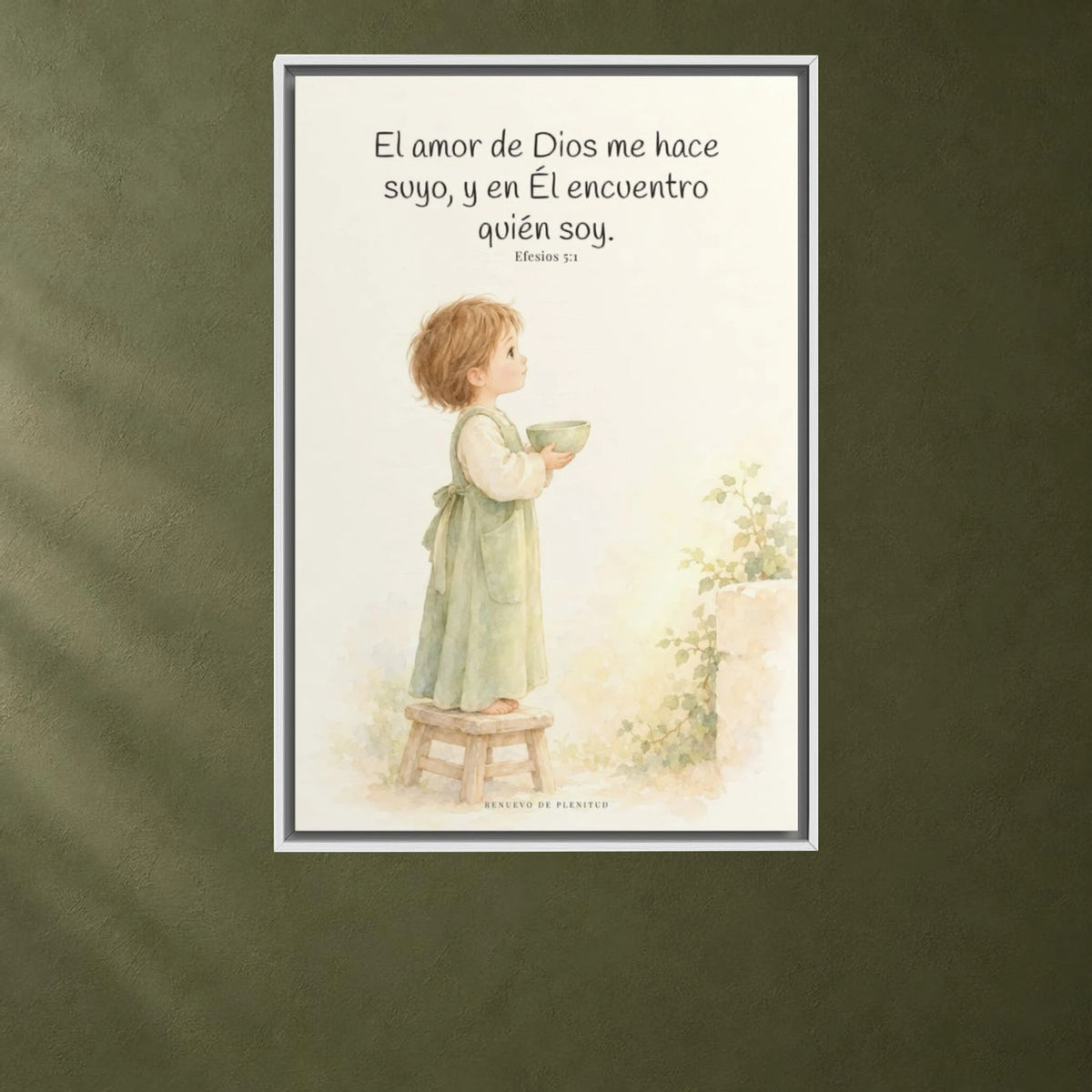 El amor de Dios me hace suyo | Cuadro de fe enmarcado | Efesios 5:1 — 24×36 pulgadas, marco blanco, vista frontal ambiental, escala física calibrada