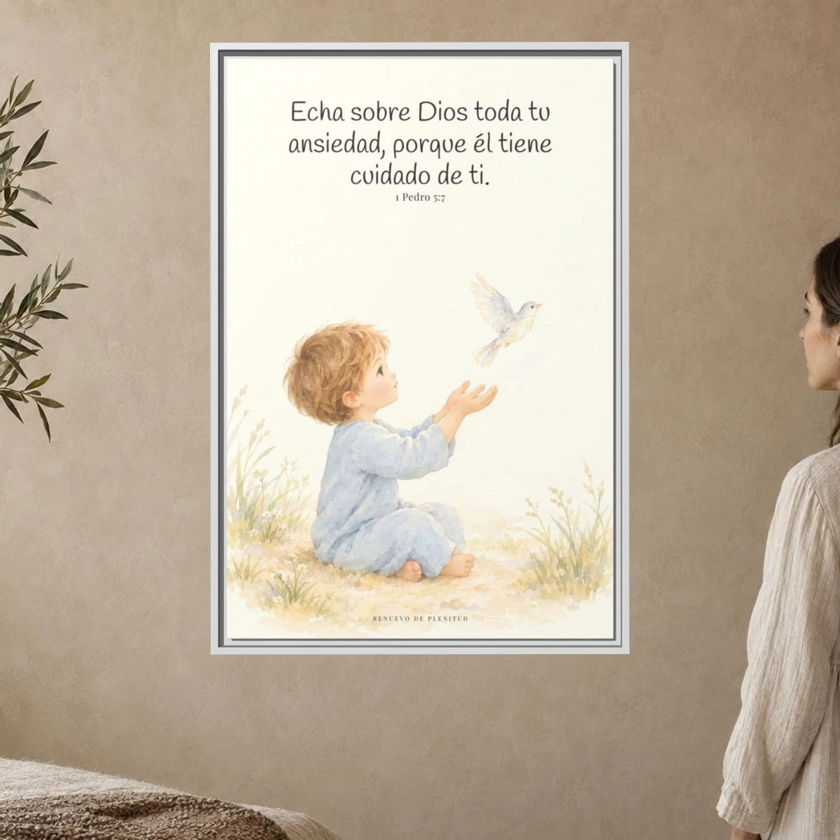Echa Toda Tu Ansiedad Sobre Dios — Lienzo Cristiano Enmarcado | 1 Pedro 5:7 — 24×36 pulgadas, marco blanco, vista frontal ambiental, escala física calibrada