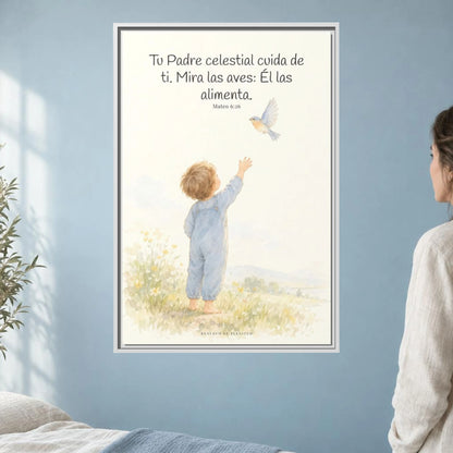 Tu Padre celestial cuida de mí — Lienzo Cristiano Enmarcado | Mateo 6:26 — 24×36 pulgadas, marco blanco, vista frontal ambiental, escala física calibrada
