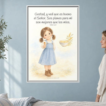 Gustad, y ved que es bueno Jehová — Lienzo Cristiano Enmarcado | Salmo 34:8 — 24×36 pulgadas, marco blanco, vista frontal ambiental, escala física calibrada