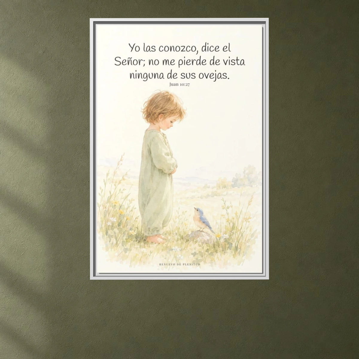 El Señor me conoce por mi nombre — Lienzo Cristiano Enmarcado | Juan 10:27 — 24×36 pulgadas, marco blanco, vista frontal ambiental, escala física calibrada