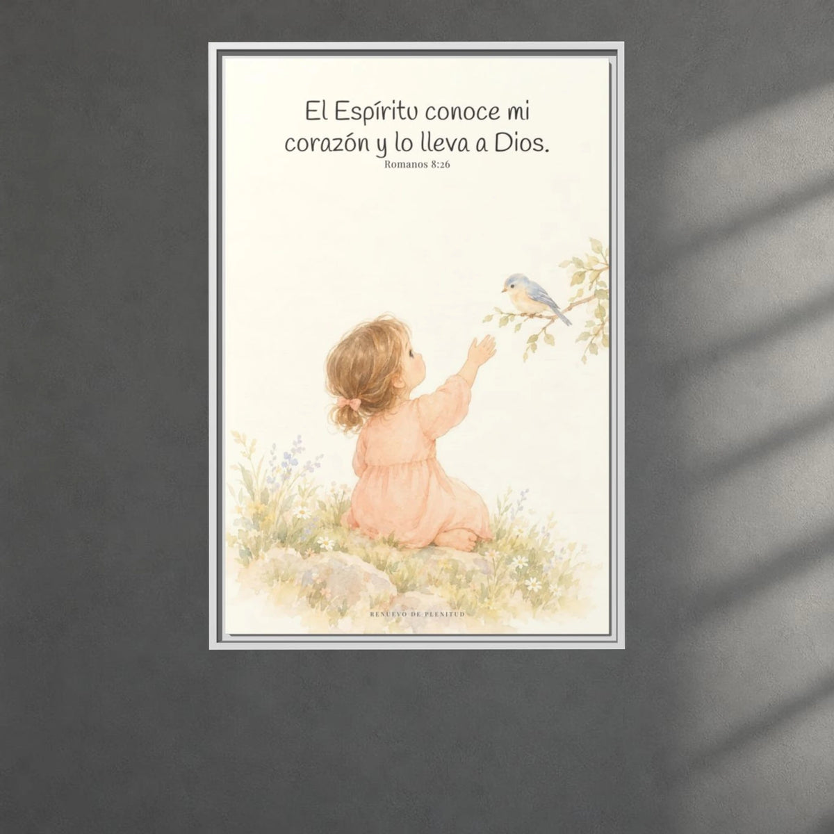 El Espíritu conoce lo que hay en mi corazón — Lienzo Cristiano Enmarcado | Romanos 8:26 — 24×36 pulgadas, marco blanco, vista frontal ambiental, escala física calibrada