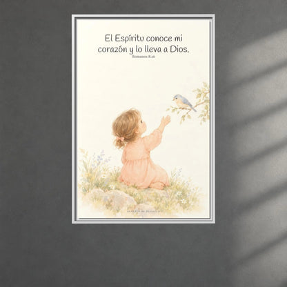 El Espíritu conoce lo que hay en mi corazón — Lienzo Cristiano Enmarcado | Romanos 8:26 — 24×36 pulgadas, marco blanco, vista frontal ambiental, escala física calibrada