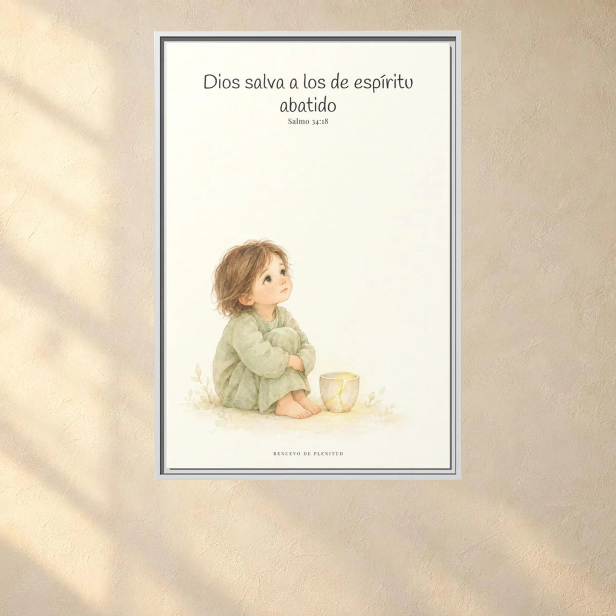 Dios salva al espíritu abatido | Lienzo de fe para el hogar | Salmo 34:18 — 24×36 pulgadas, marco blanco, vista frontal ambiental, escala física calibrada