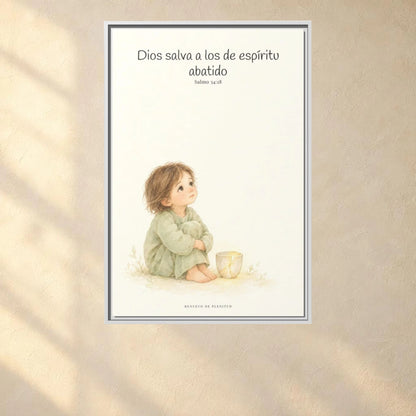Dios salva al espíritu abatido | Lienzo de fe para el hogar | Salmo 34:18 — 24×36 pulgadas, marco blanco, vista frontal ambiental, escala física calibrada