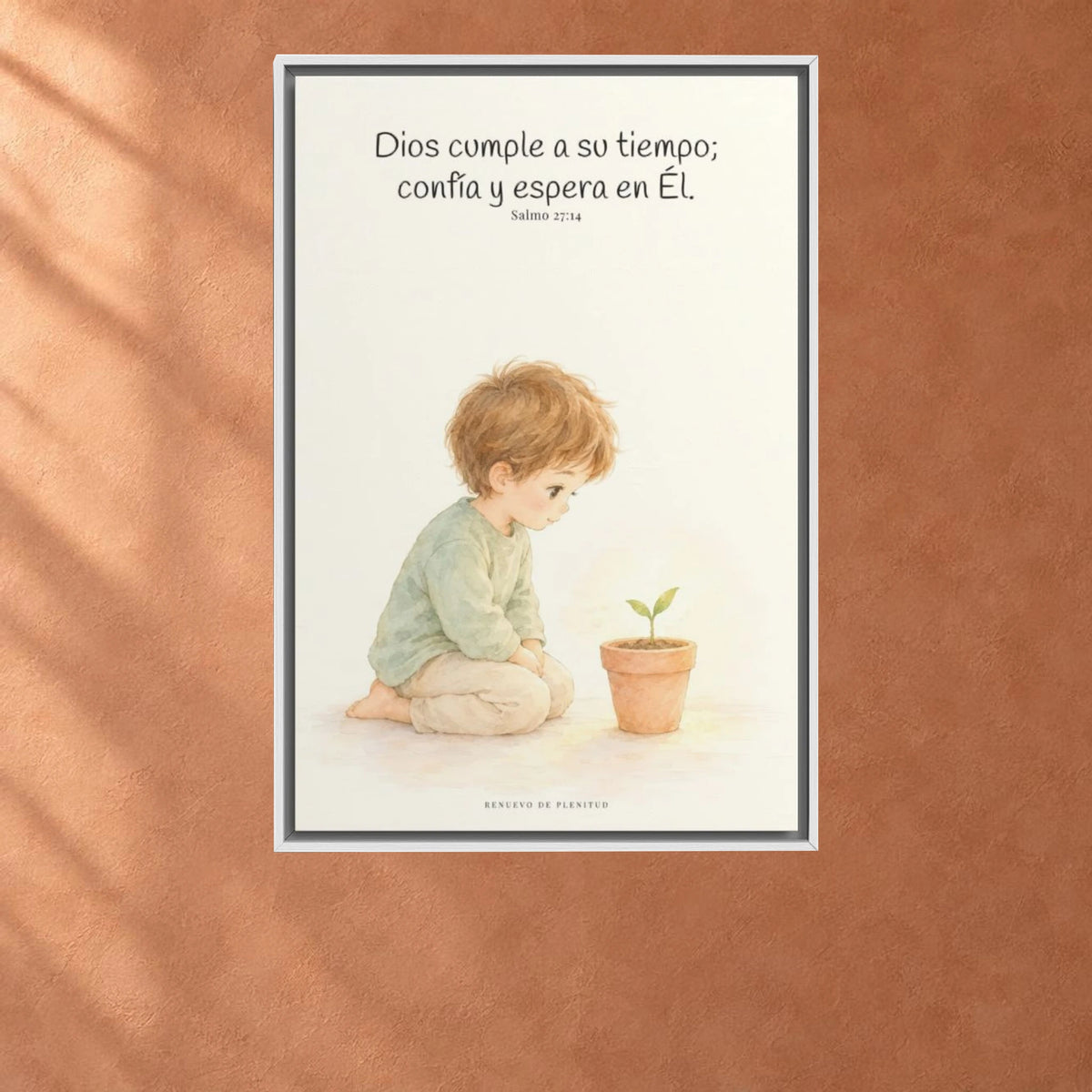 El Señor nunca llega tarde | Decoración cristiana enmarcada | Salmo 27:14 — 24×36 pulgadas, marco blanco, vista frontal ambiental, escala física calibrada