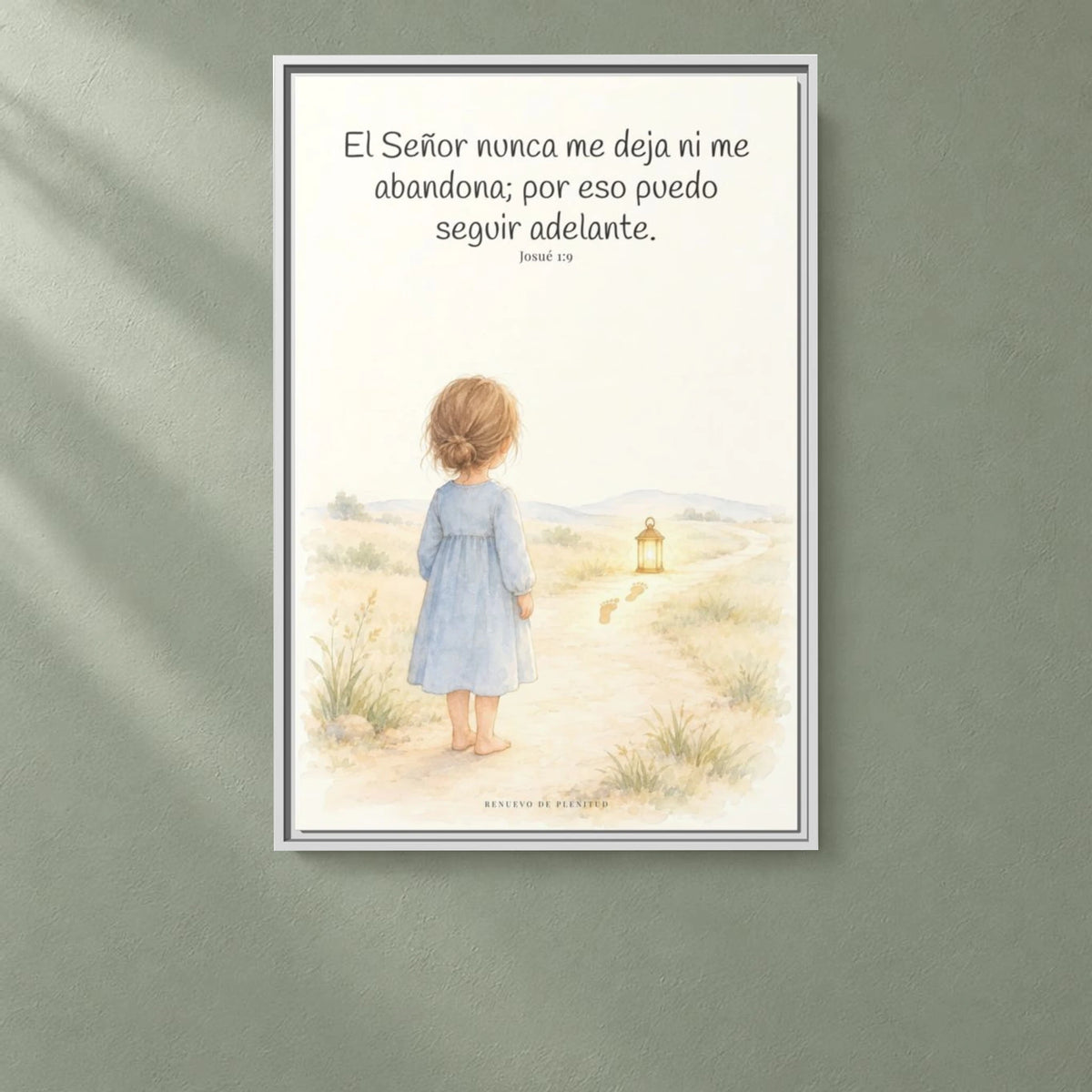 El Señor no me deja ni me abandona — Lienzo Cristiano Enmarcado | Josué 1:9 — 24×36 pulgadas, marco blanco, vista frontal ambiental, escala física calibrada