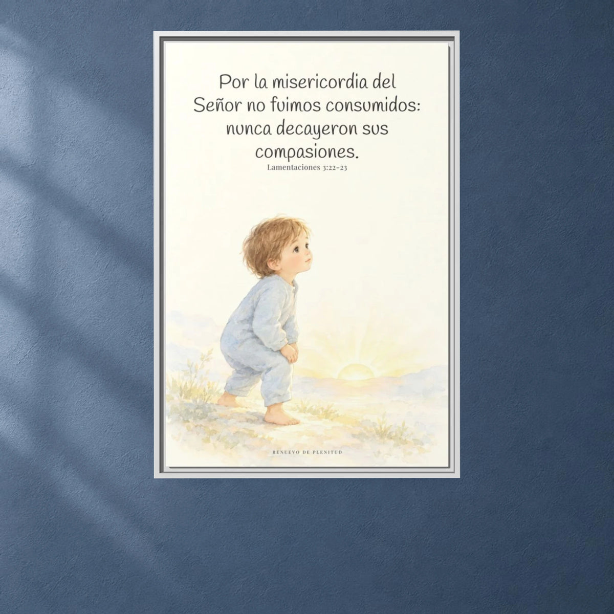 Por la misericordia de Jehová no fuimos consumidos — Lienzo Cristiano Enmarcado | Lamentaciones 3:22-23 — 24×36 pulgadas, marco blanco, vista frontal ambiental, escala física calibrada