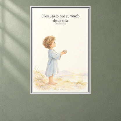 Dios usa lo que el mundo desprecia — Lienzo Cristiano Enmarcado | 1 Corintios 1:27 — 24×36 pulgadas, marco blanco, vista frontal ambiental, escala física calibrada