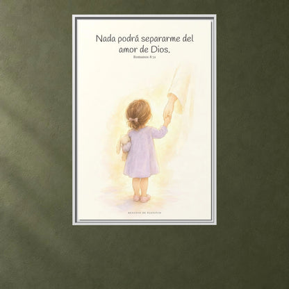 Nada podrá separarme del amor de Dios | Cuadro de inspiración bíblica | Romanos 8:31 — 24×36 pulgadas, marco blanco, vista frontal ambiental, escala física calibrada