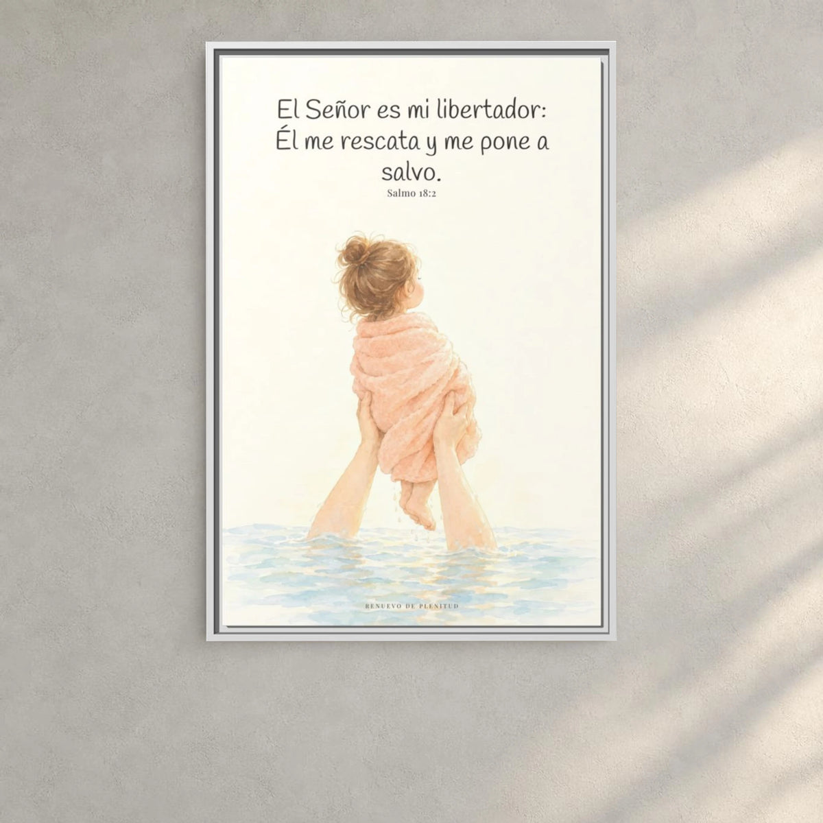 El Señor es mi libertador — Lienzo Cristiano Enmarcado | Salmo 18:2 — 24×36 pulgadas, marco blanco, vista frontal ambiental, escala física calibrada