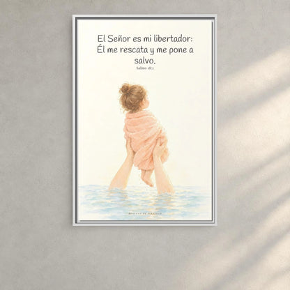 El Señor es mi libertador — Lienzo Cristiano Enmarcado | Salmo 18:2 — 24×36 pulgadas, marco blanco, vista frontal ambiental, escala física calibrada