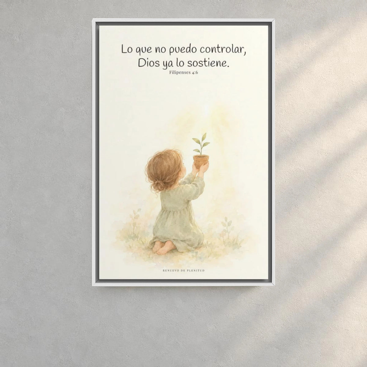 Dios cuida lo que yo no puedo controlar | Decoración de fe para pared | Filipenses 4:6 — 24×36 pulgadas, marco blanco, vista frontal ambiental, escala física calibrada