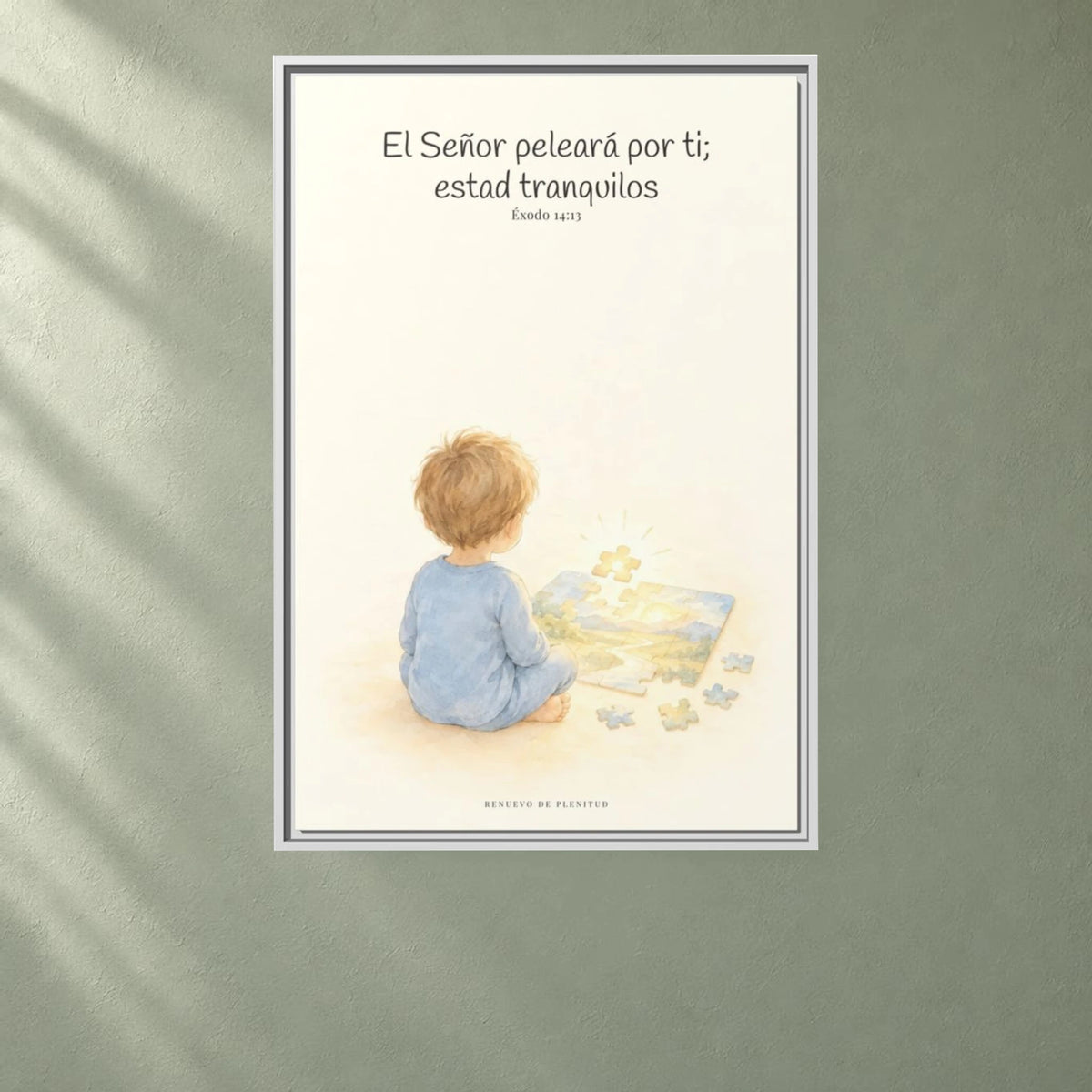 Jehová peleará por ti — Lienzo Cristiano Enmarcado | Éxodo 14:13 — 24×36 pulgadas, marco blanco, vista frontal ambiental, escala física calibrada
