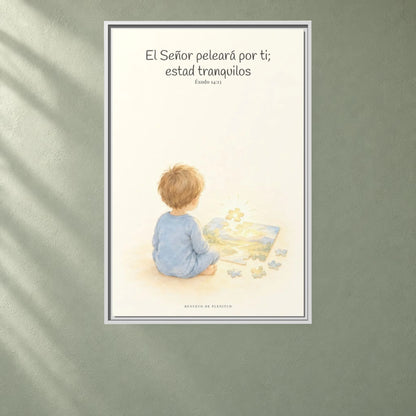 Jehová peleará por ti — Lienzo Cristiano Enmarcado | Éxodo 14:13 — 24×36 pulgadas, marco blanco, vista frontal ambiental, escala física calibrada