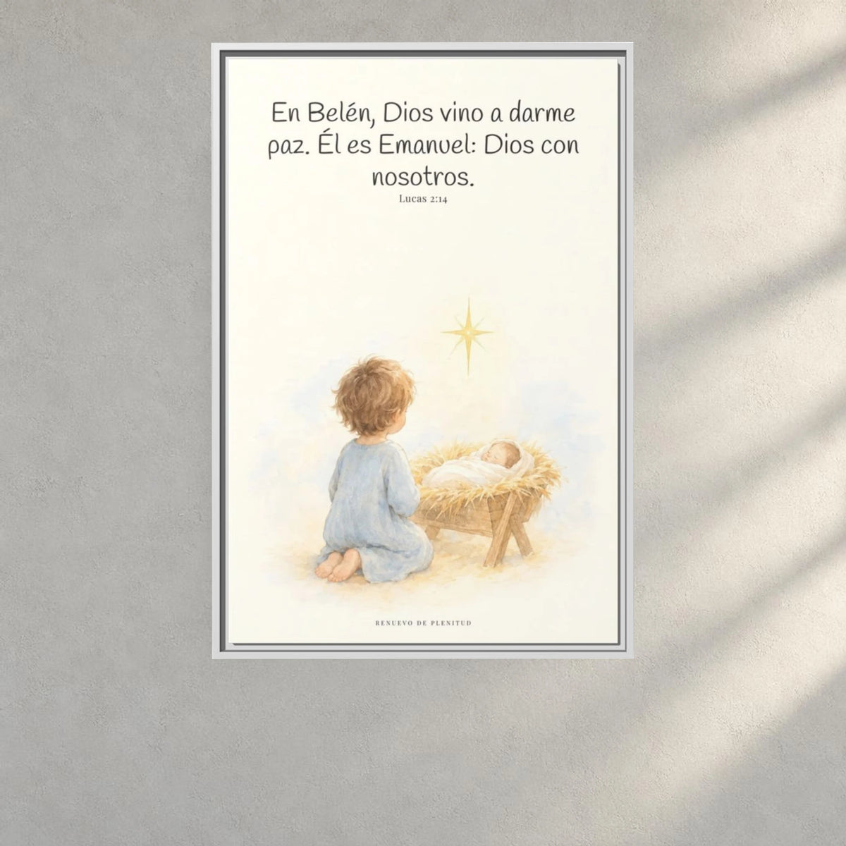 En Belén, Dios vino a darme paz — Lienzo Cristiano Enmarcado | Lucas 2:14 — 24×36 pulgadas, marco blanco, vista frontal ambiental, escala física calibrada