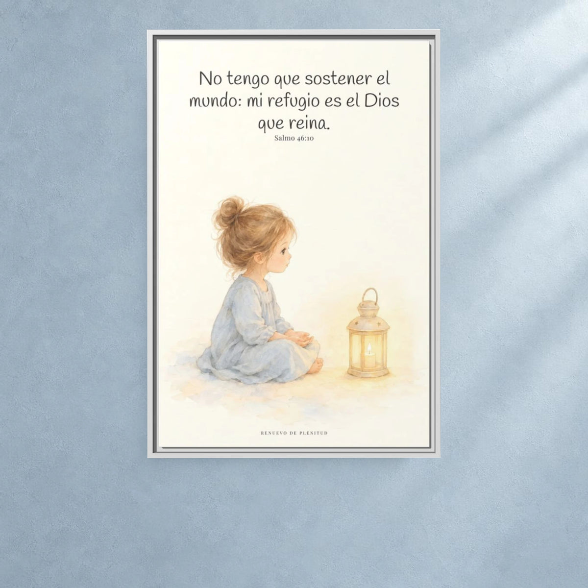 El Señor de los ejércitos está con nosotros — Lienzo Cristiano Enmarcado | Salmo 46:10 — 24×36 pulgadas, marco blanco, vista frontal ambiental, escala física calibrada