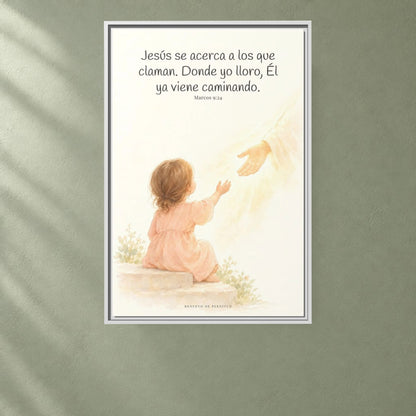 Jesús se acerca a los que claman — Lienzo Cristiano Enmarcado | Marcos 9:24 — 24×36 pulgadas, marco blanco, vista frontal ambiental, escala física calibrada
