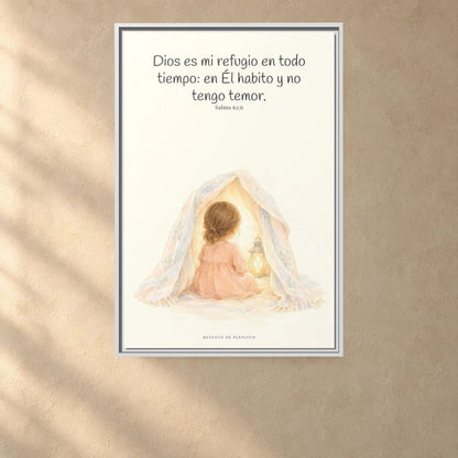 Dios es mi refugio en todo tiempo — Lienzo Cristiano Enmarcado | Salmo 62:6 — 24×36 pulgadas, marco blanco, vista frontal ambiental, escala física calibrada