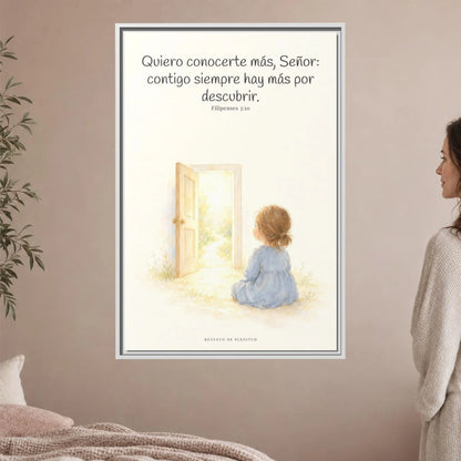 Quiero conocerte más, Señor — Lienzo Cristiano Enmarcado | Filipenses 3:10 — 24×36 pulgadas, marco blanco, vista frontal ambiental, escala física calibrada
