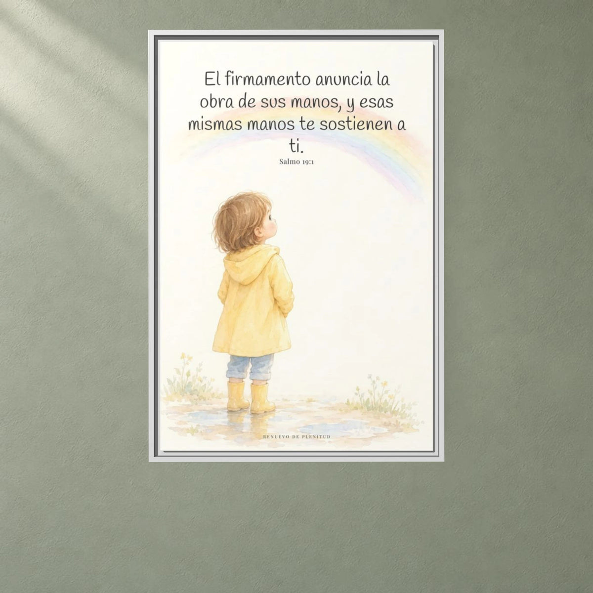 El firmamento anuncia la obra de sus manos — Lienzo Cristiano Enmarcado | Salmo 19:1 — 24×36 pulgadas, marco blanco, vista frontal ambiental, escala física calibrada