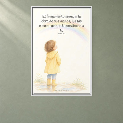 El firmamento anuncia la obra de sus manos — Lienzo Cristiano Enmarcado | Salmo 19:1 — 24×36 pulgadas, marco blanco, vista frontal ambiental, escala física calibrada