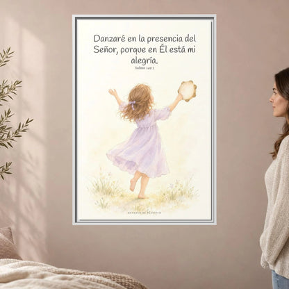 Danzaré en la presencia del Señor — Lienzo Cristiano Enmarcado | Salmo 149:3 — 24×36 pulgadas, marco blanco, vista frontal ambiental, escala física calibrada
