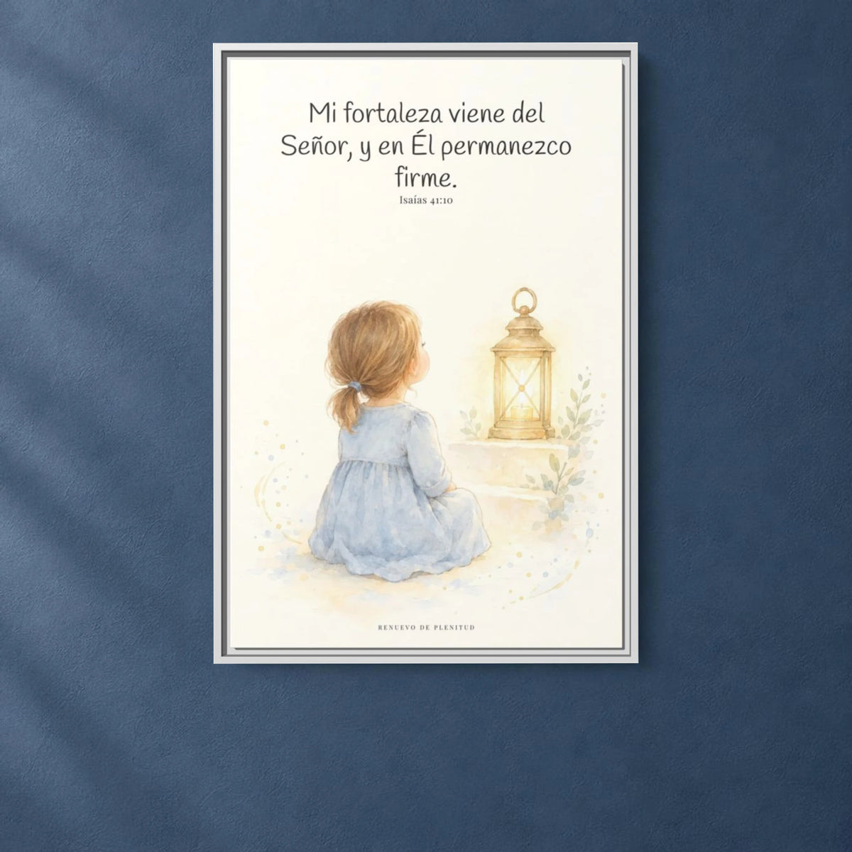 Mi fortaleza viene del Señor — Lienzo Cristiano Enmarcado | Isaías 41:10 — 24×36 pulgadas, marco blanco, vista frontal ambiental, escala física calibrada
