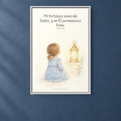Mi fortaleza viene del Señor — Lienzo Cristiano Enmarcado | Isaías 41:10 — 24×36 pulgadas, marco blanco, vista frontal ambiental, escala física calibrada
