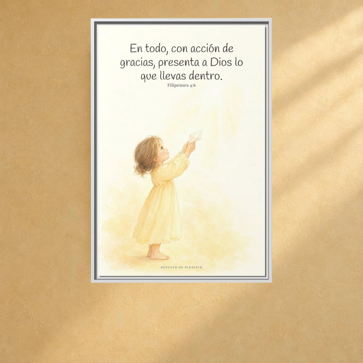 Con acción de gracias, presenta todo a Dios — Lienzo Cristiano Enmarcado | Filipenses 4:6 — 24×36 pulgadas, marco blanco, vista frontal ambiental, escala física calibrada