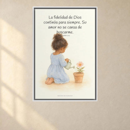 Tu fidelidad continúa para siempre | Cuadro de fe enmarcado | Jeremías 31:3 — 24×36 pulgadas, marco blanco, vista frontal ambiental, escala física calibrada