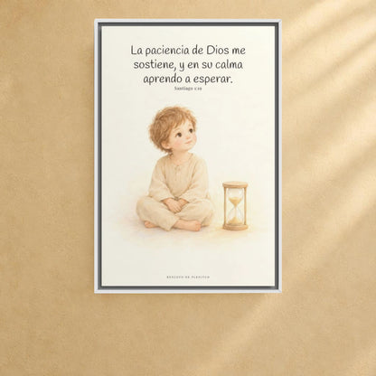 En la paciencia de Dios encuentro reposo | Cuadro de fe enmarcado | Santiago 1:19 — 24×36 pulgadas, marco blanco, vista frontal ambiental, escala física calibrada