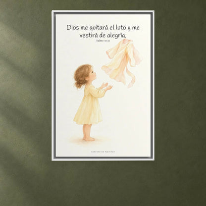 Dios me vestirá de alegría | Cuadro cristiano enmarcado | Salmo 30:11 — 24×36 pulgadas, marco blanco, vista frontal ambiental, escala física calibrada
