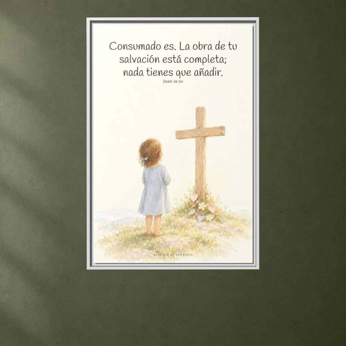 Consumado es: ya nada falta en la obra de Cristo — Lienzo Cristiano Enmarcado | Juan 19:30 — 24×36 pulgadas, marco blanco, vista frontal ambiental, escala física calibrada