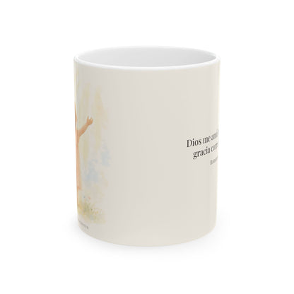Cristo murió por mí cuando yo aún era pecador | Taza cristiana con frase devocional | Romanos 5:8