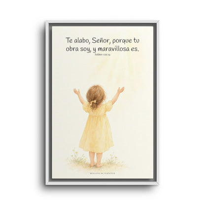 Alabo a mi Creador porque su obra soy | Arte bíblico para pared | Salmo 139:14 — 16×24 pulgadas, marco blanco, vista frontal