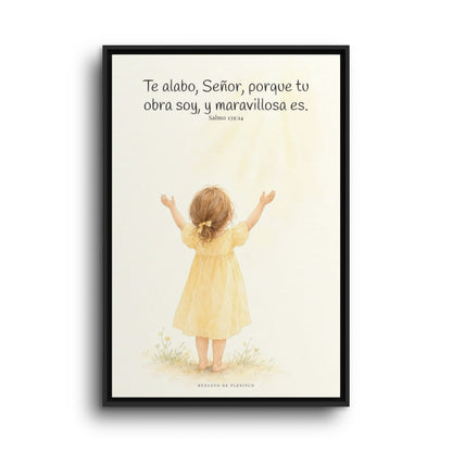 Alabo a mi Creador porque su obra soy | Arte bíblico para pared | Salmo 139:14 — 24×36 pulgadas, marco negro, vista frontal