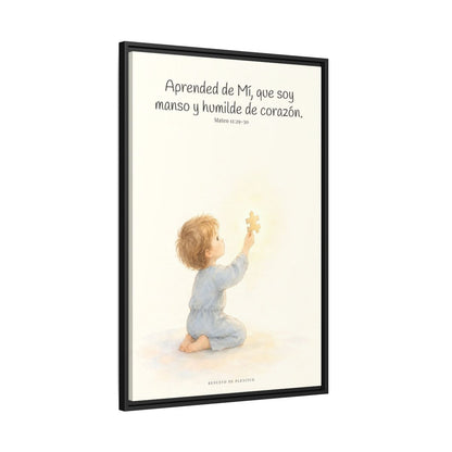 Aprended de Mí, que soy manso y humilde — Lienzo Cristiano Enmarcado | Mateo 11:29-30 — 24×36 pulgadas, marco negro, vista lateral del marco flotante